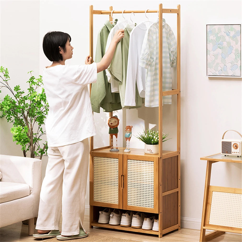 Bamboo Garment Rack With Hanging Rod And Three Storage Shelves