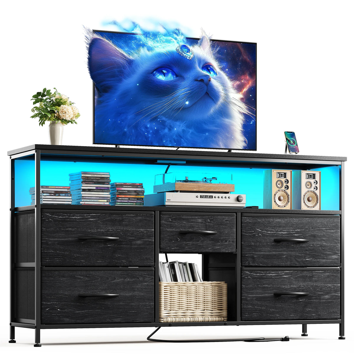 EnHomee Five Drawer TV Console With LED Lights And Storage