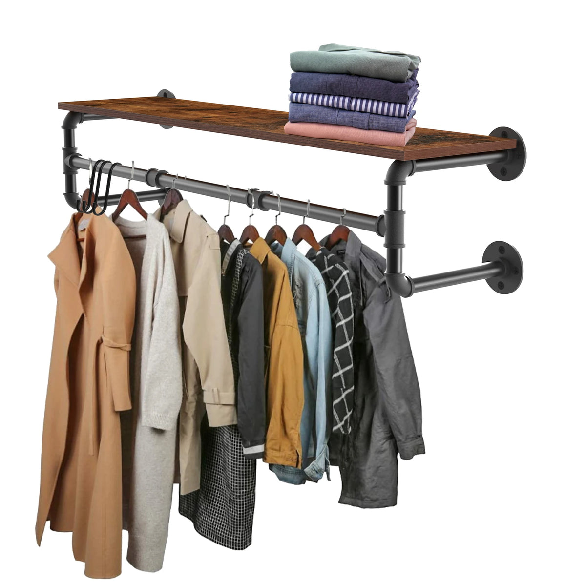 Wall Mounted Metal Clothes Rail With Wood Shelf Storage