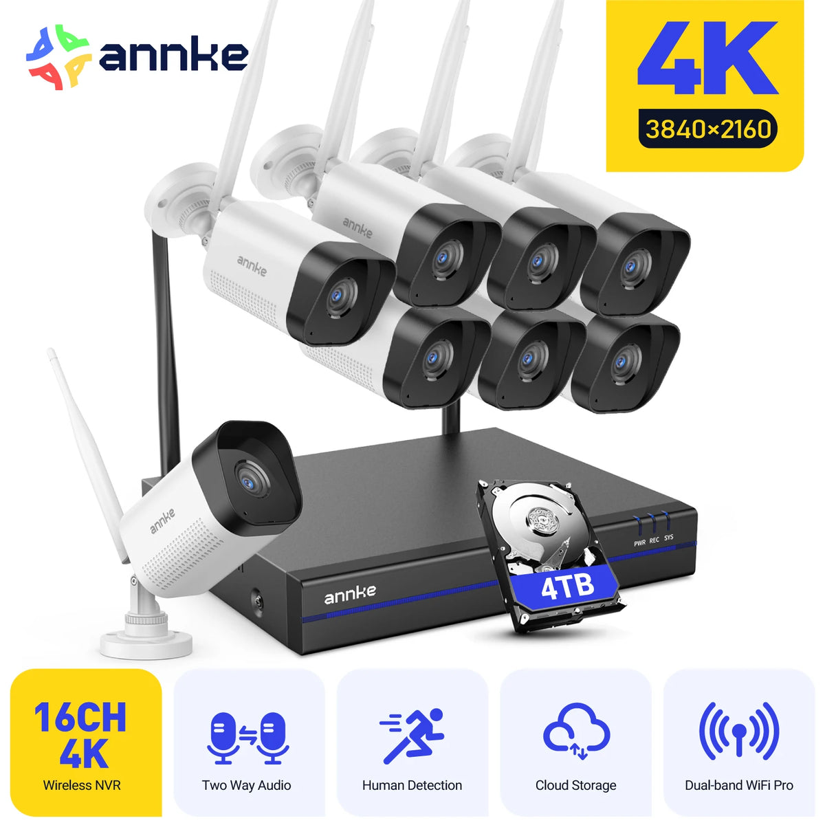 Annke 8MP Wireless CCTV System 16CH NVR Video Surveillance Kit Two Way Audio 4K POE Camera 2/4/6/8 Pcs WiFi Security Cameras