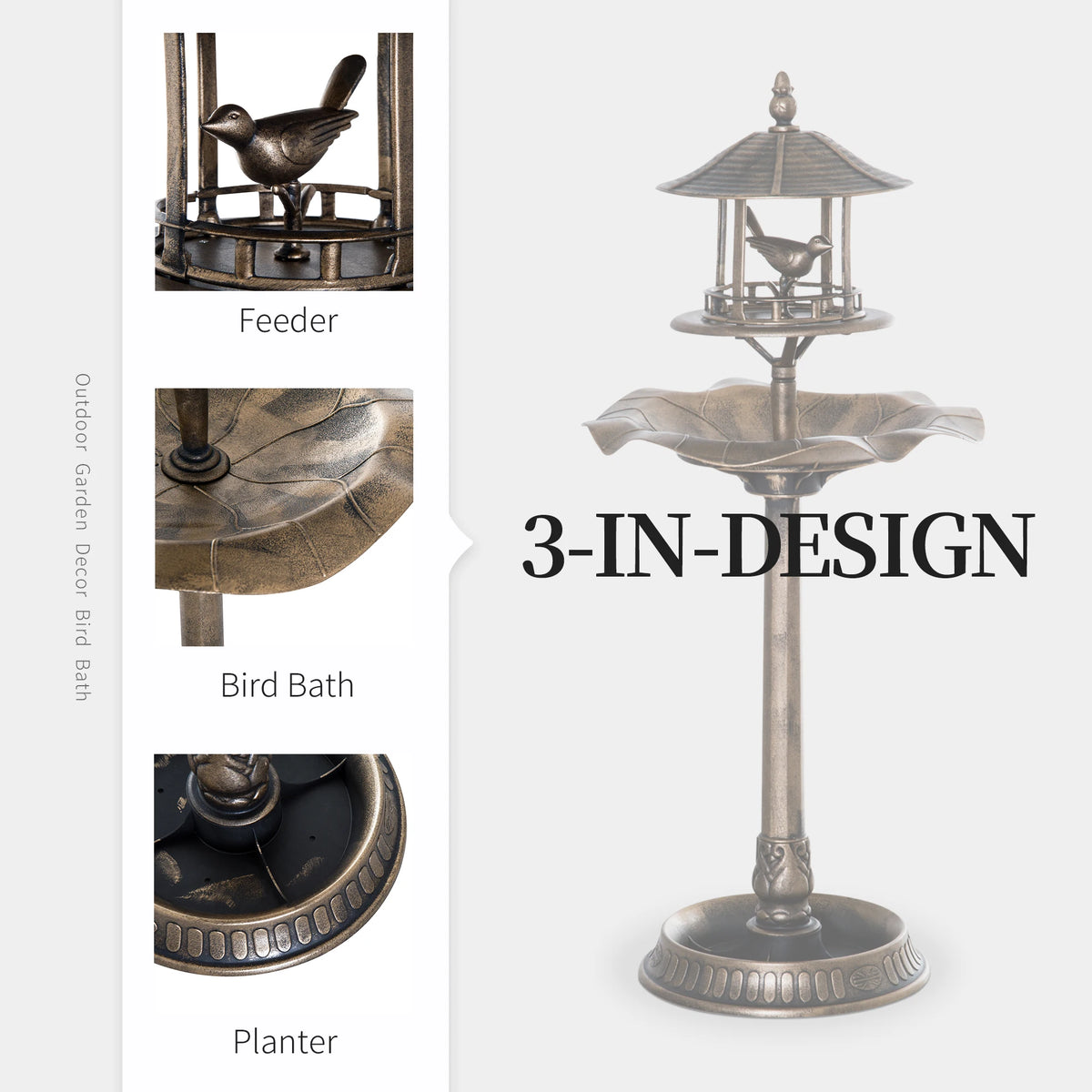 3-in-1 Outdoor Pedestal Bird Bath Garden Décor Feeder Planter Resin Freestanding