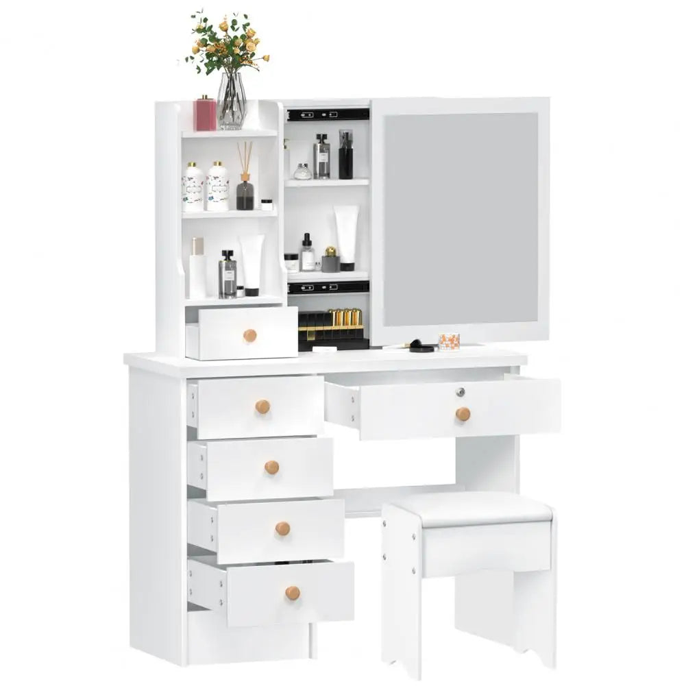 Modern Makeup Vanity Desk With Sliding Mirror And Six Drawers
