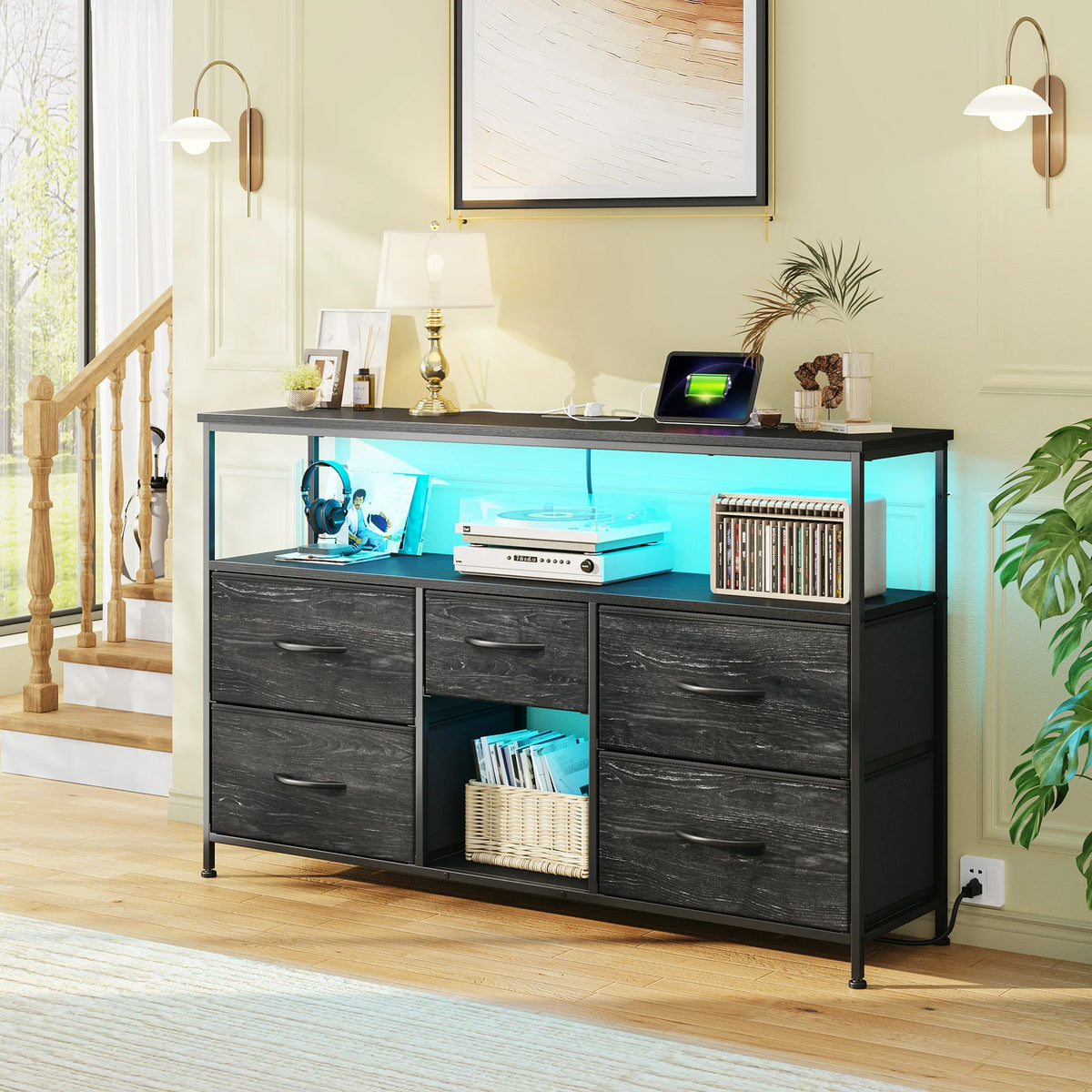 EnHomee Five Drawer TV Console With LED Lights And Storage